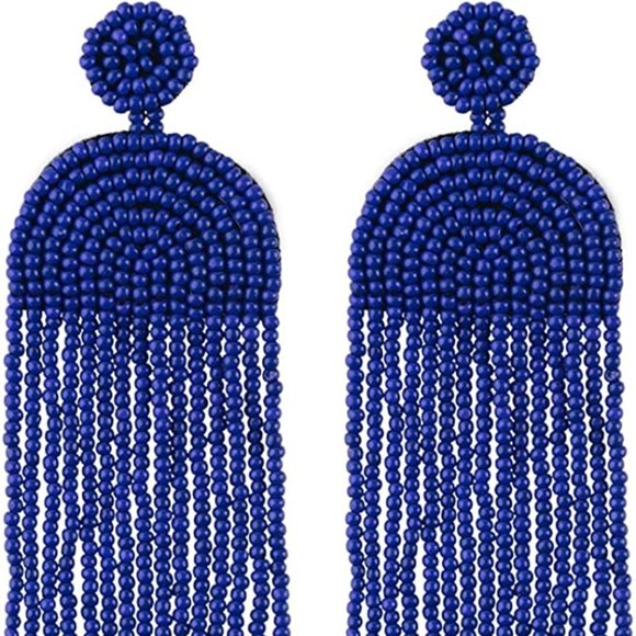 Long 4.5" Dk Blue Modern Art Deco Oversized Earrings Beaded Bohemian Tassel New - Picture 3 of 6